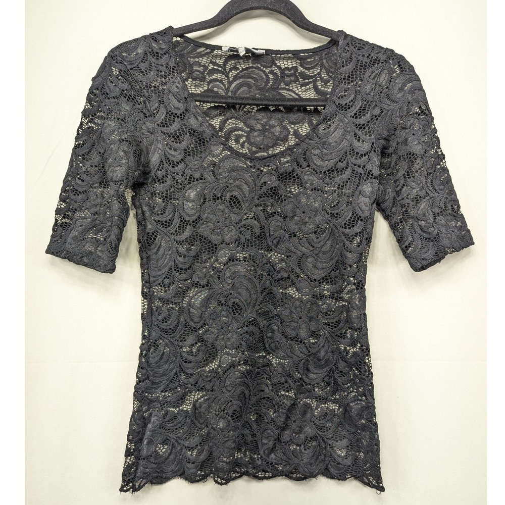 BKE Womens Top XS Black‎ Lace Floral Elbow Sleeve V Neck Semi Sheer